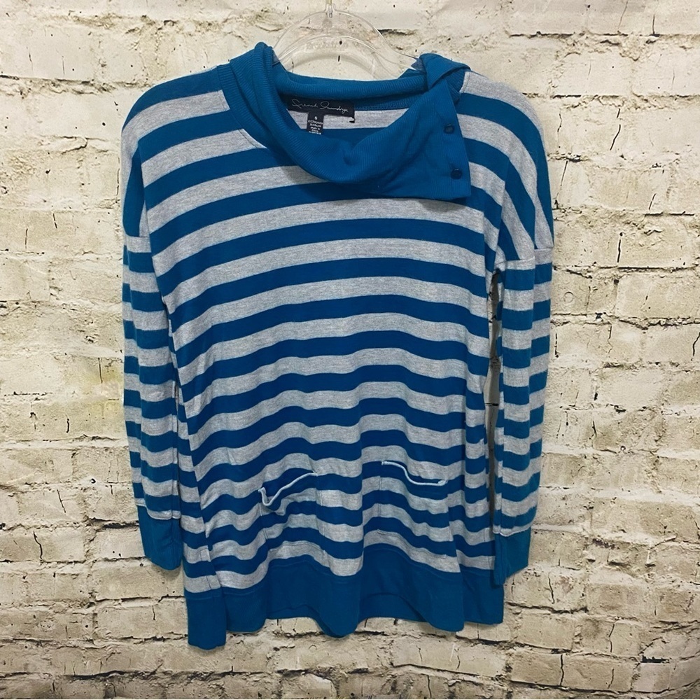 French Laundry Blue Gray Striped Soft Button Cowl Neck Tunic Top